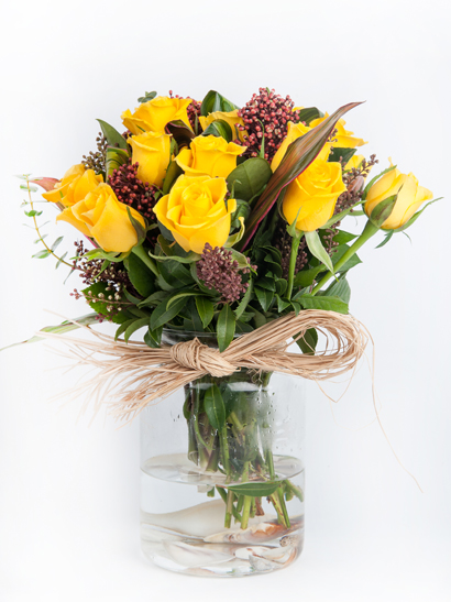 Yellow Roses & Greens in Glass Vase
